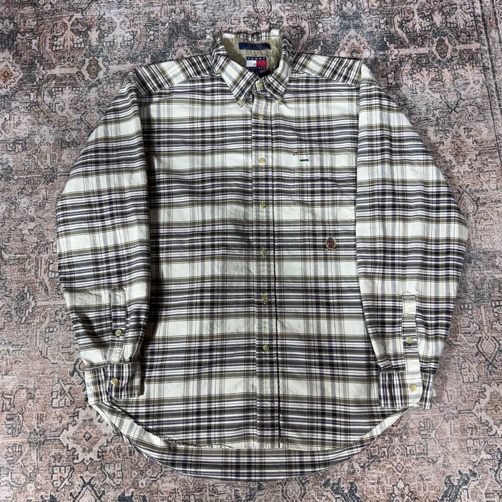 Tommy Hilfiger Shirt Men's L Green Cotton Flannel Button-Down Plaid Workwear